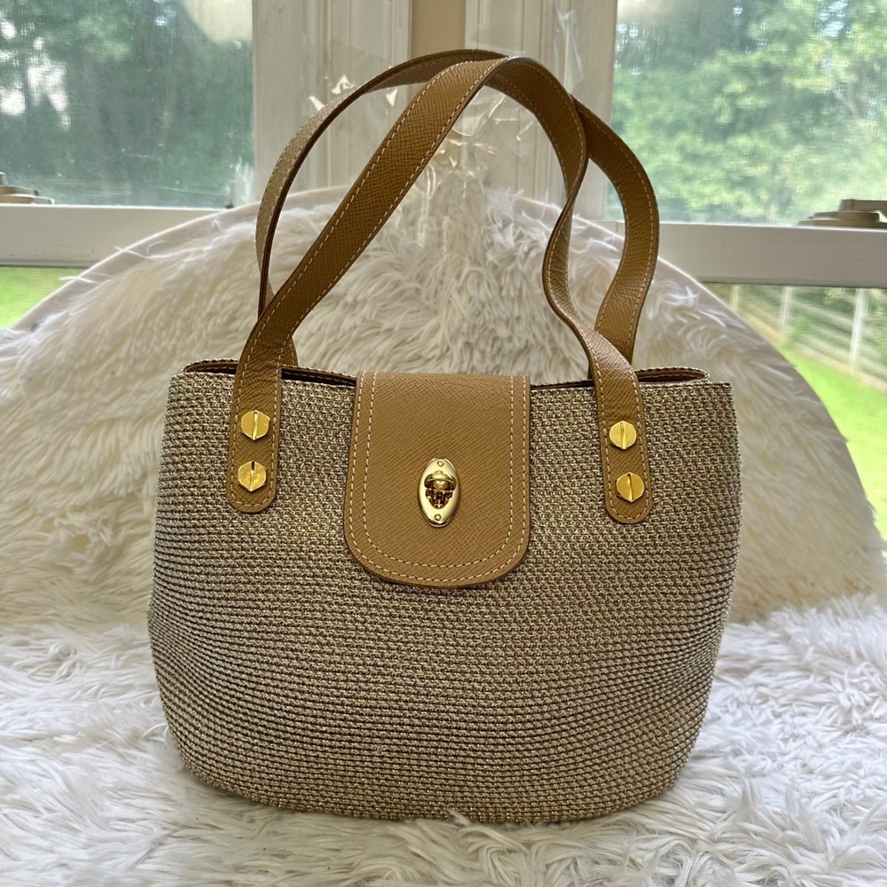 Eric Javits Woven Straw Beige Metallic Shoulder/ Hand Bag Turnlock Closure
